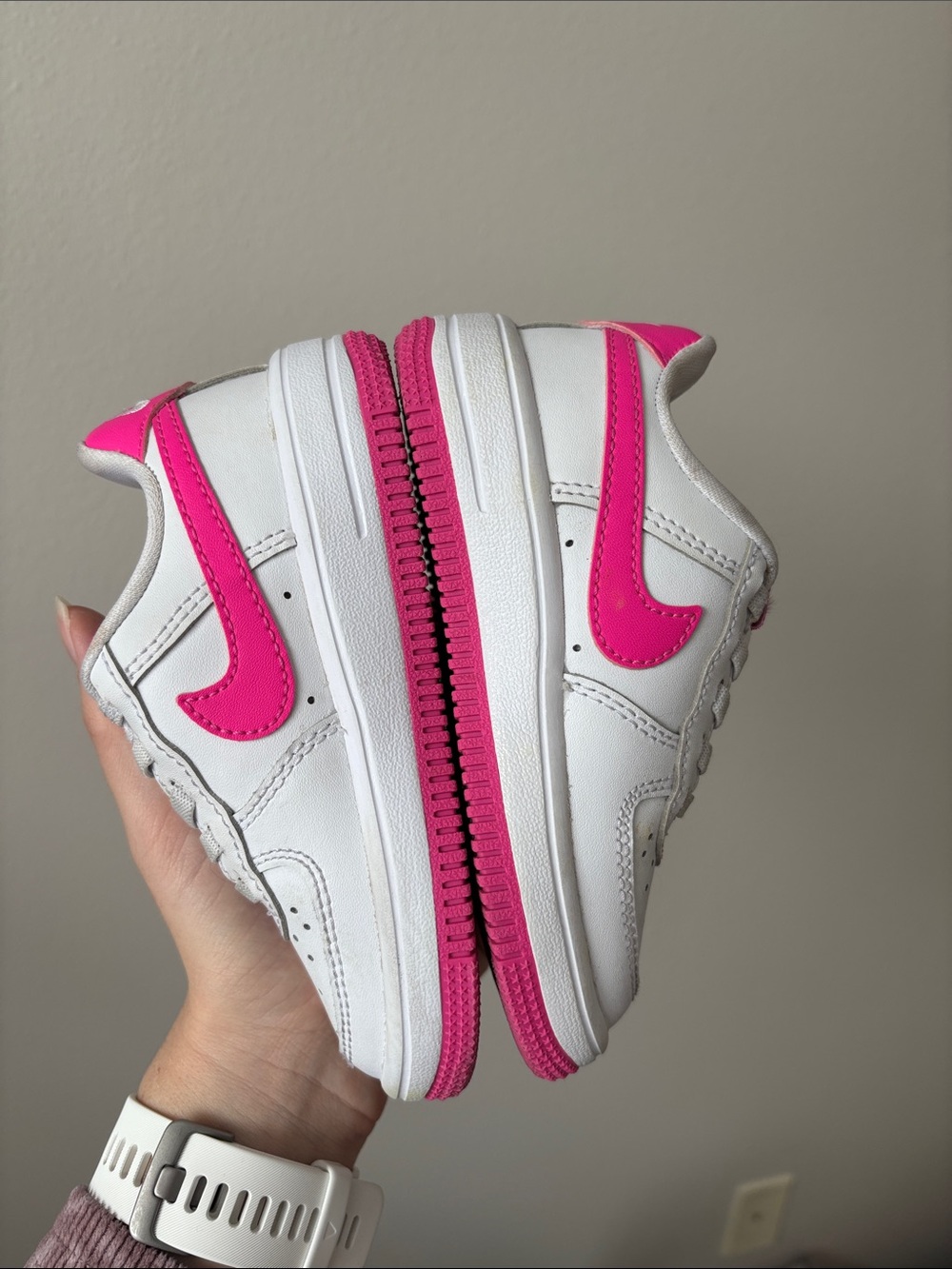 Nike AIR FORCE 1 WHITE/LASER FUCHSIA kids size 8 C lace up Velcro sneakers - Picture 10 of 14